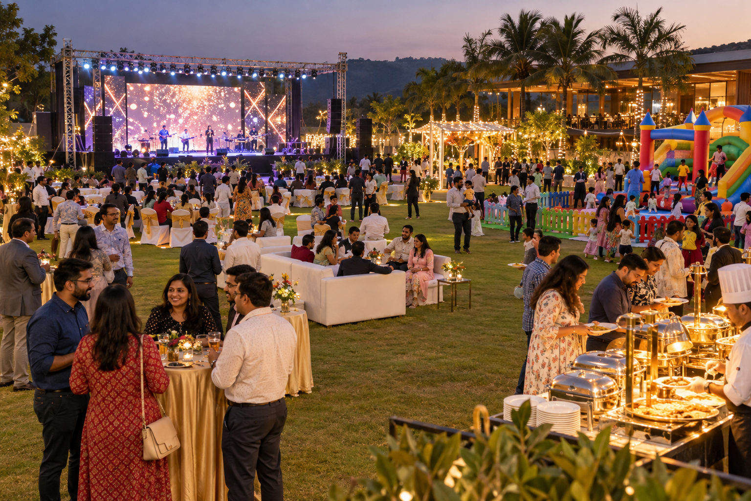 Corporate annual day with employees, stage production and a celebratory atmosphere